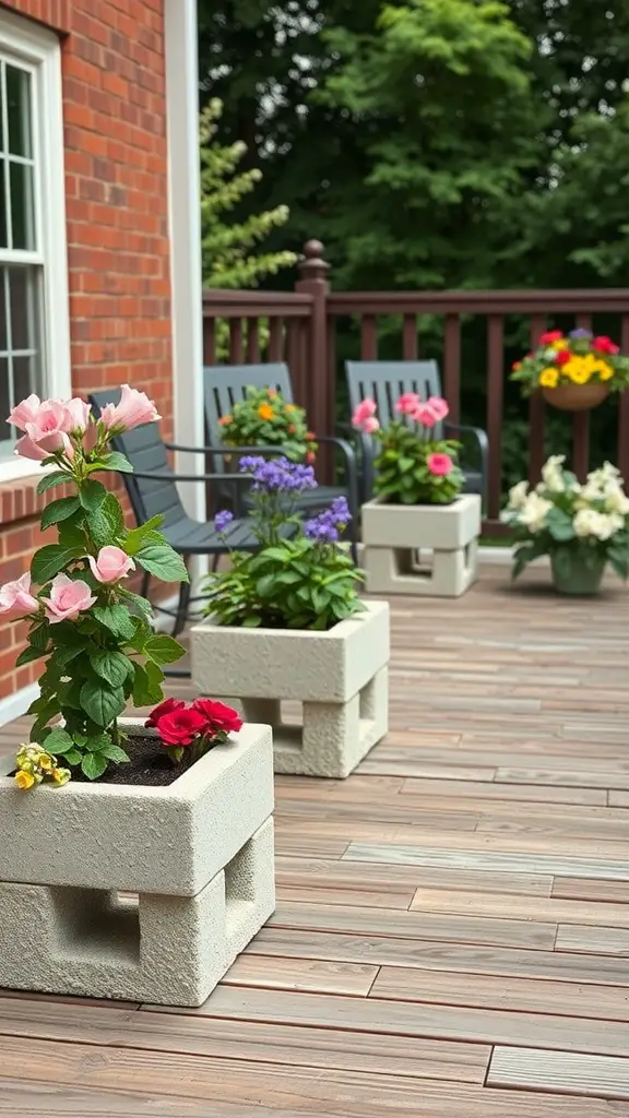 15 Creative DIY Deck Planter Ideas to Enhance Your Outdoor Space 15 Cinder block planters on a wooden deck with colorful flowers and seating