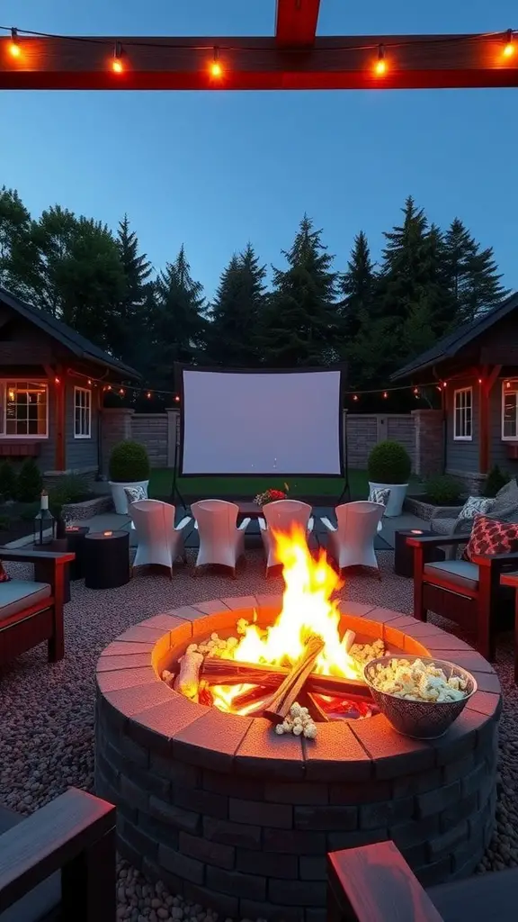 Outdoor movie setup featuring a fire pit surrounded by chairs and a projection screen.