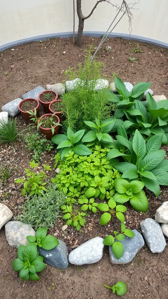 Circular herb garden bed with various herbs and stone border.