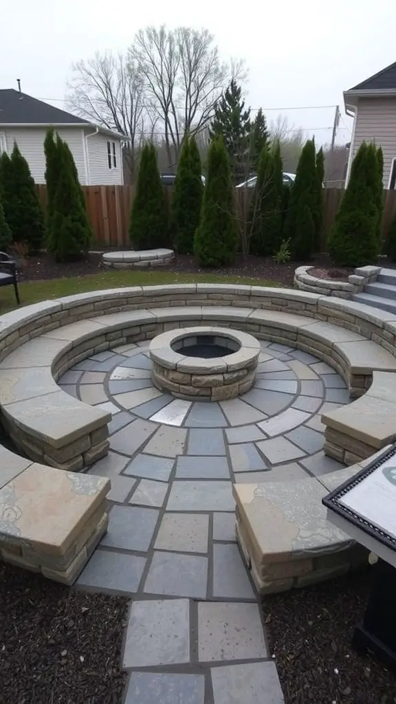 Circular stone seating arrangement around a fire pit in a backyard