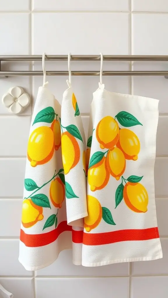 Three citrus-themed dish towels with lemon designs hanging on a rack