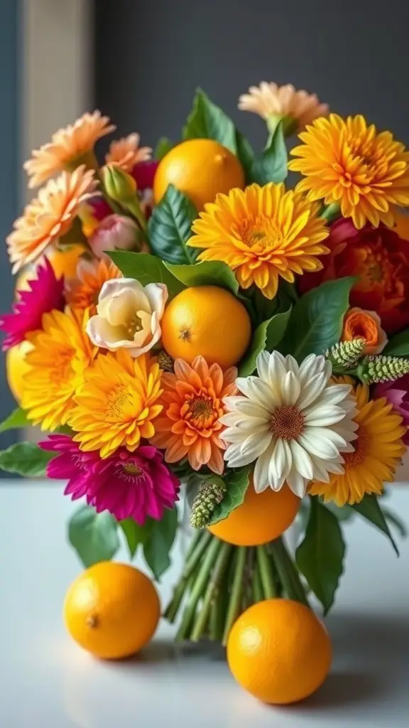 17 Stunning Summer Wedding Bouquet Ideas You’ll Love 15 A colorful bouquet with orange flowers and fresh oranges, representing a summer wedding theme.