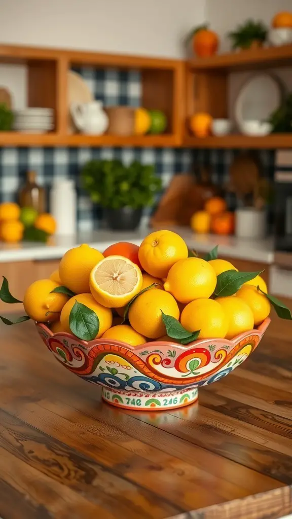 A decorative bowl filled with vibrant lemons on a wooden table in a stylish kitchen.