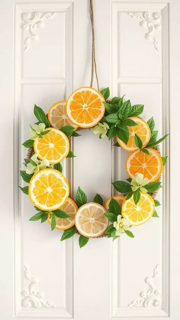 35 Stunning Summer Wreath Ideas for Your Front Door 15 A circular wreath decorated with bright orange and lemon slices along with green mint leaves, hanging on a white door.