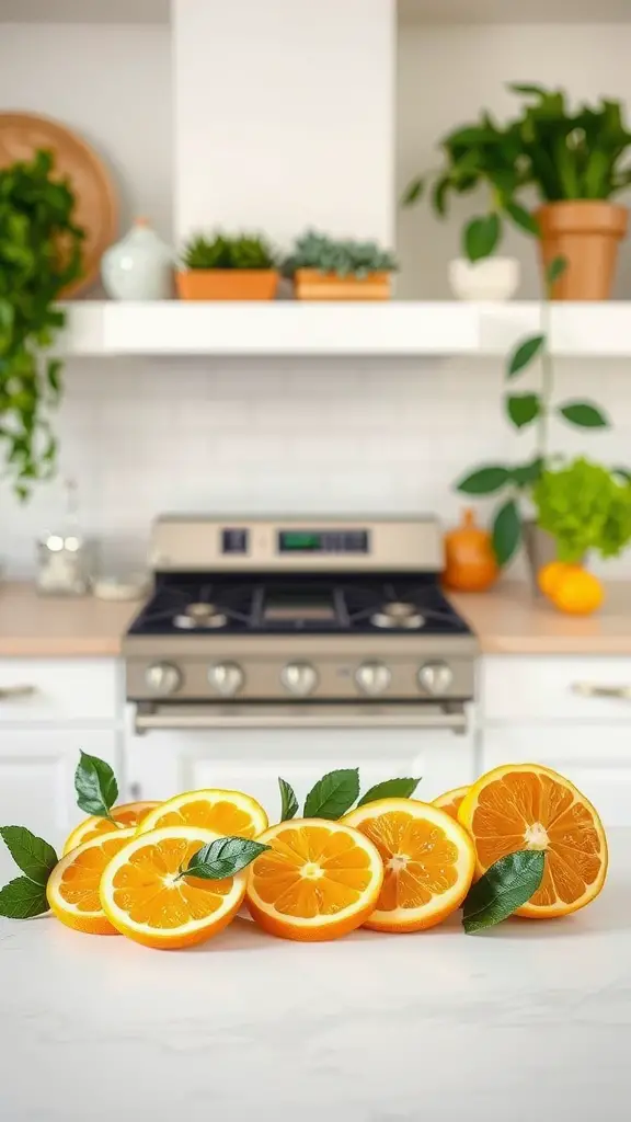 A row of vibrant orange slices placed on a kitchen counter