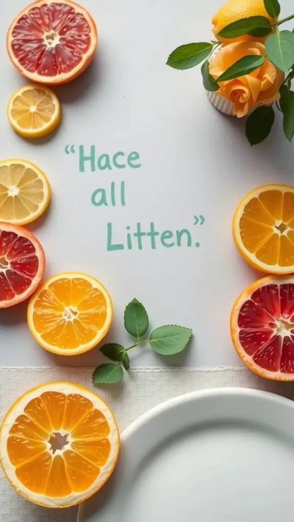 21 Stunning Summer Table Decoration Ideas You'll Love 9 A table setting with sliced citrus fruits arranged around a white plate, featuring a quote written on the table.
