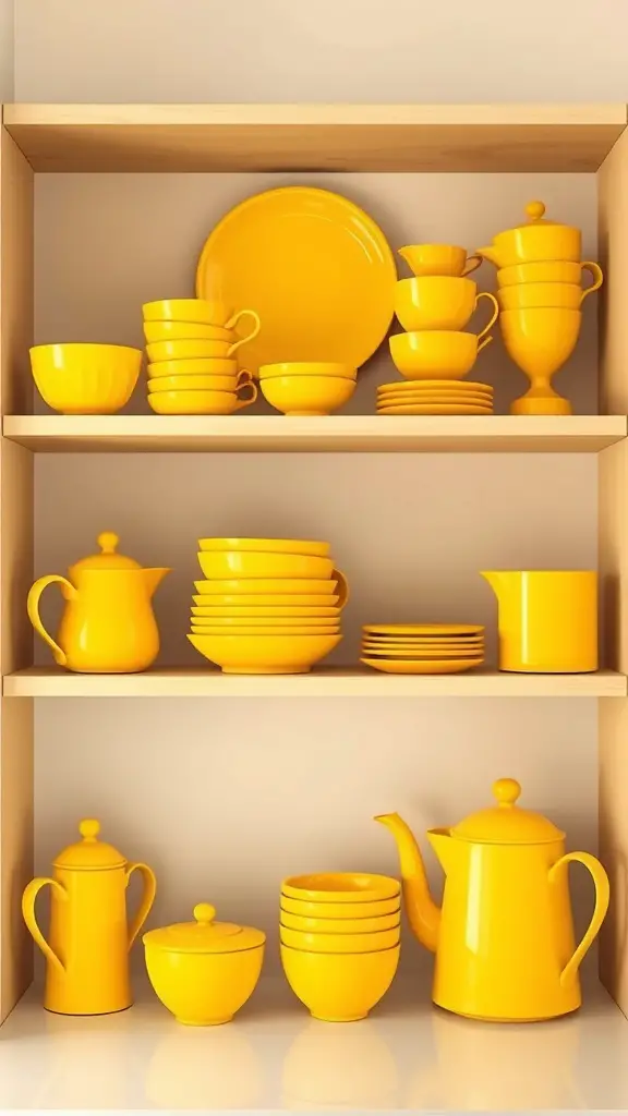 A display of citrus yellow kitchenware including plates, bowls, and teapots on wooden shelves.