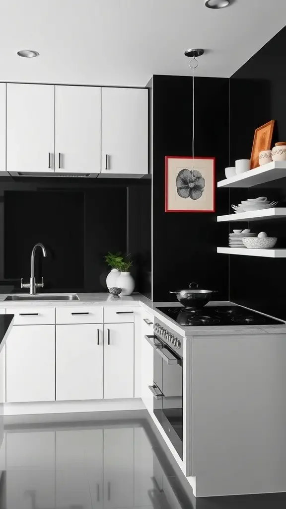 A modern kitchen with black walls and white cabinetry, showcasing a sleek design.