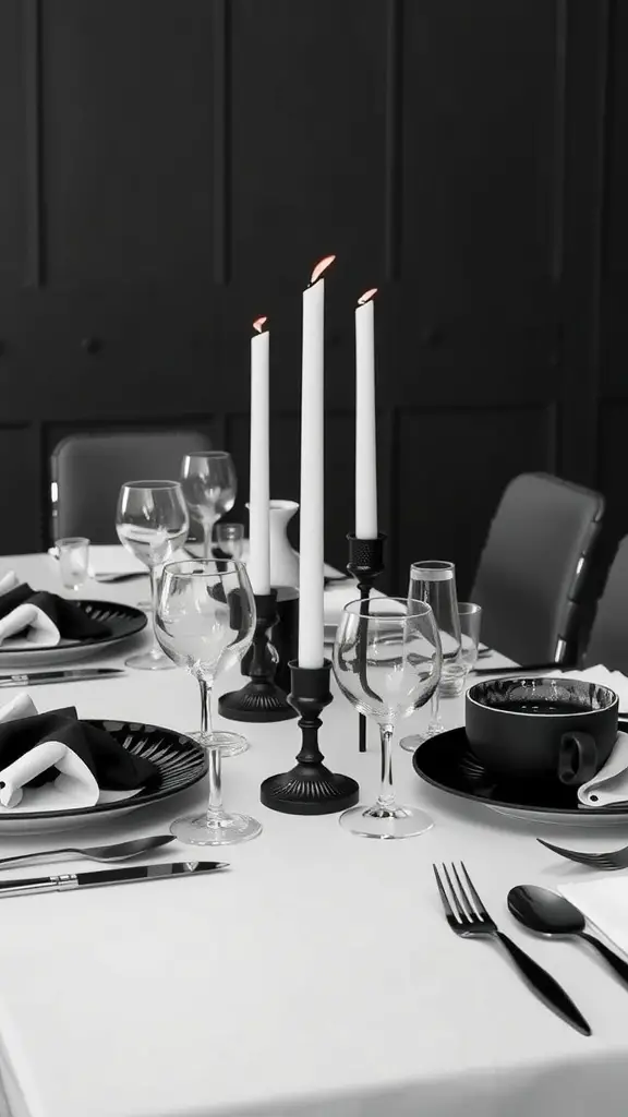 Black and white elegant tablescape with candles, glassware, and dinnerware