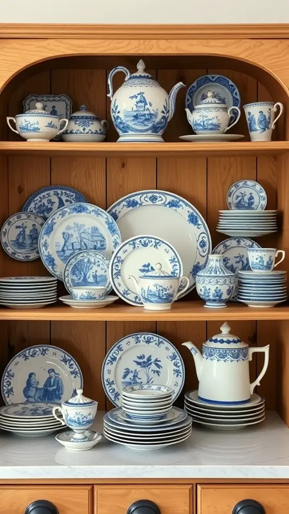 A wooden shelf filled with various blue and white china dishes, including teapots, cups, and plates, showcasing intricate designs.