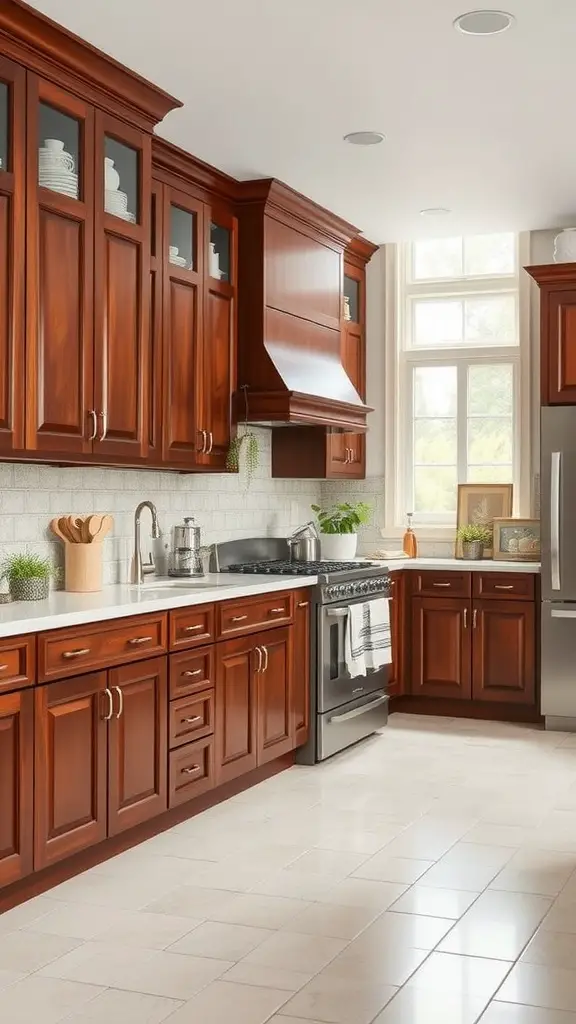 Kitchen showcasing classic cherry cabinets paired with light gray elements.