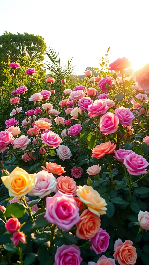 A beautiful English rose garden in full bloom with various shades of pink, yellow, and orange roses under the sun.