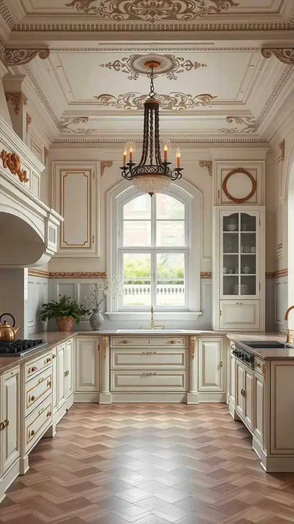 A beautifully designed classic European kitchen with ornate ceiling details, intricate cabinetry, and a chandelier.