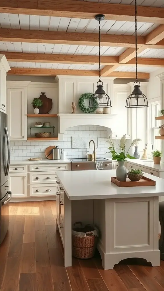 A classic farmhouse white kitchen with wooden beams, a central island, and natural decor.