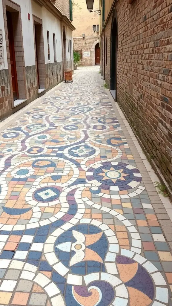 A colorful mosaic walkway featuring intricate patterns and designs amidst a narrow street.