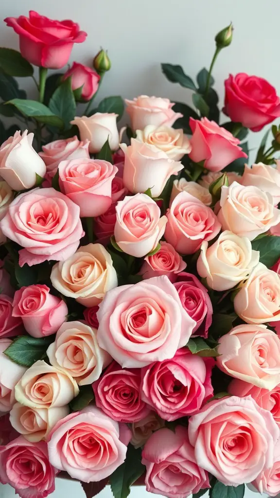 33 Stunning Summer Wedding Flower Ideas You’ll Love 9 A bouquet of pink and light peach roses with green leaves.