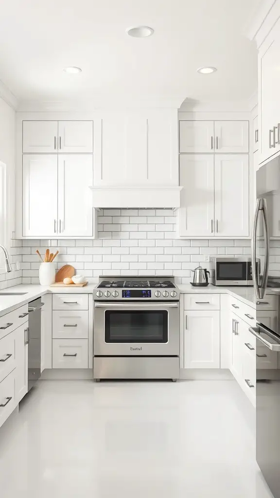 A bright and modern kitchen featuring classic white cabinetry, stainless steel appliances, and a clean layout.