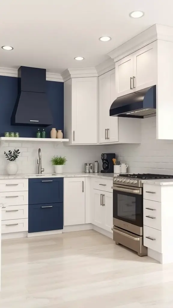 A modern kitchen featuring white and navy cabinets, with a marble countertop and stainless steel appliances.