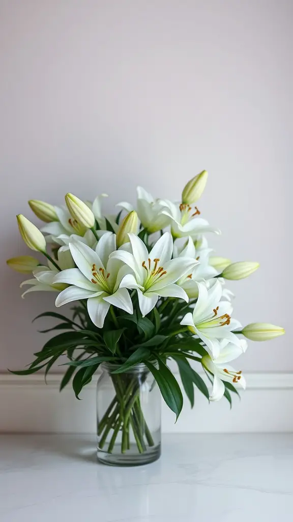 21 Stunning Spring Wedding Bouquet Ideas You’ll Love 15 A bouquet of white lilies in a glass vase