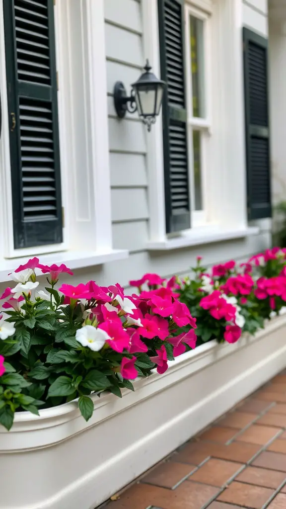 29 Stunning Flower Box Ideas to Brighten Your Outdoor Space 2 Classic white planters filled with pink and white petunias placed under windows with dark shutters.