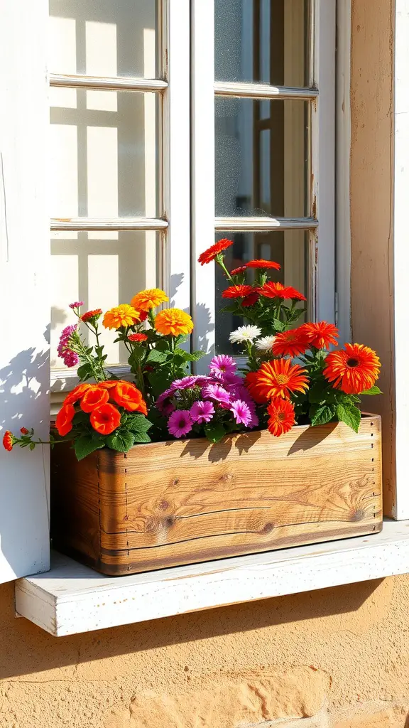A classic wooden flower box filled with brightly colored flowers, positioned on a window ledge.