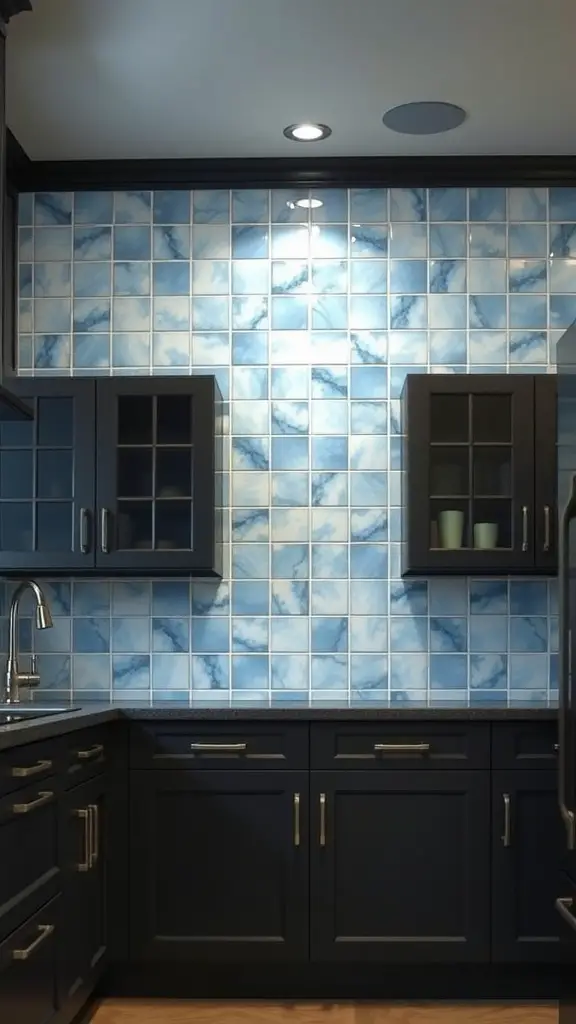 Kitchen featuring cloudy sky blue backsplash tiles with dark cabinets