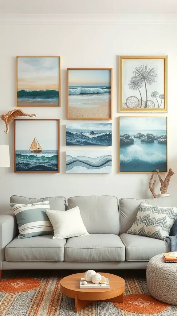 23 Bright and Cheerful Summer Decorations to Enhance Your Home 7 Gallery wall featuring coastal-inspired art with waves, beach scenes, and a sailboat.