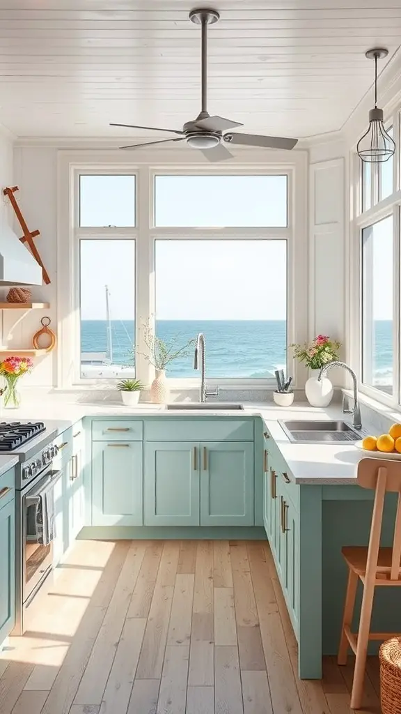 A bright coastal-themed kitchen with blue cabinetry, large windows overlooking the ocean, wooden floors, and modern appliances.