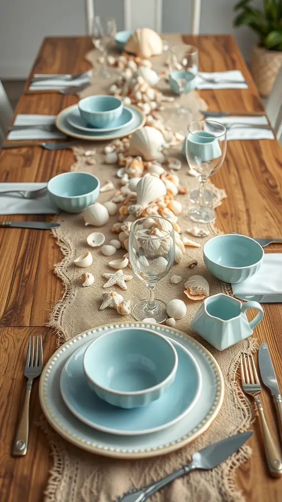19 Stunning Summer Tablescape Ideas to Elevate Your Outdoor Dining 4 Coastal Breeze tablescape featuring blue dishes, seashells, and a burlap runner on a wooden dining table.