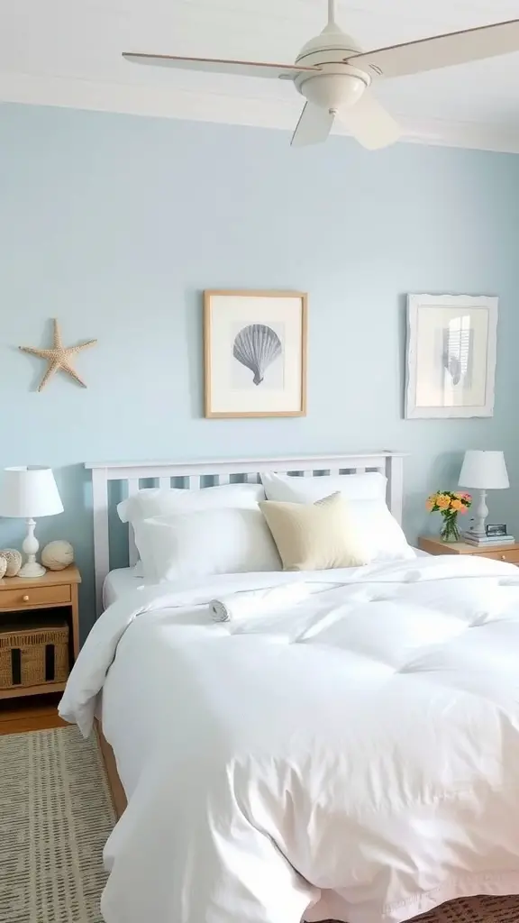 13 Summer Bedroom Aesthetic Ideas to Refresh Your Space 6 A cozy bedroom with coastal decor featuring blue walls, white bedding, and seashell art.