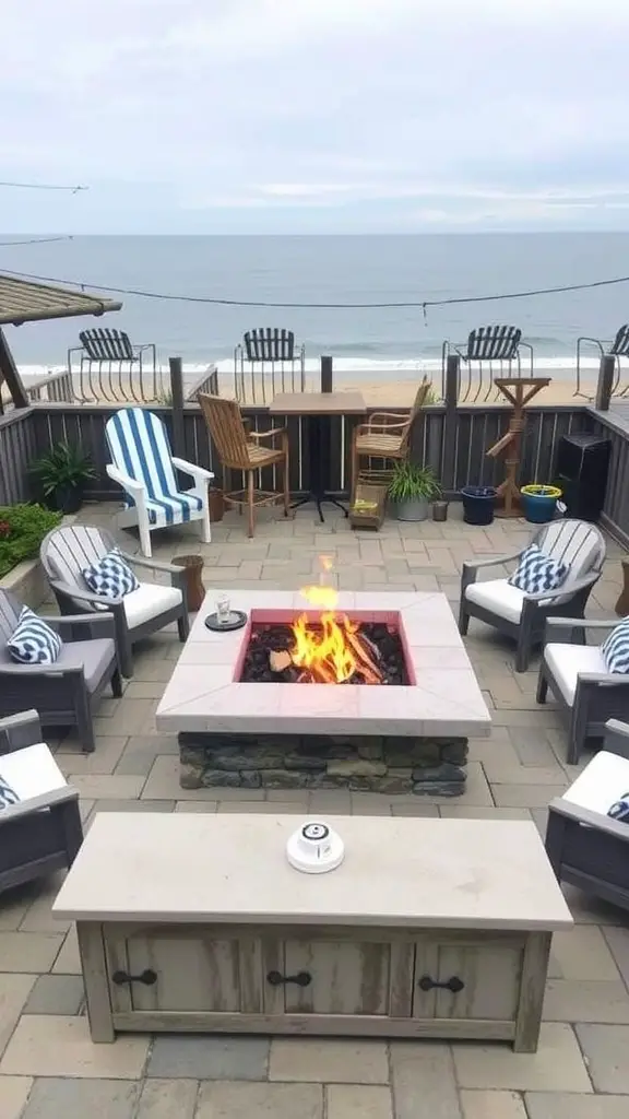 Coastal fire pit area with chairs and ocean view