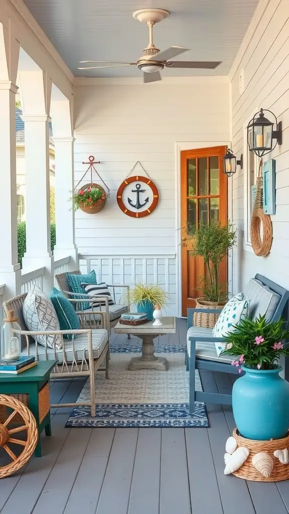 23 Inspiring Summer Porch Decor Ideas for a Vibrant Outdoor Space 13 A cozy summer porch decorated with nautical elements including an anchor, blue and white color scheme, and greenery.