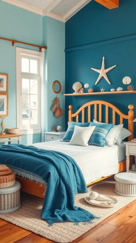 27 Stylish Summer Bedroom Ideas to Refresh Your Space 7 A cozy coastal-themed bedroom featuring blue walls, a wooden bed, and nautical decor.