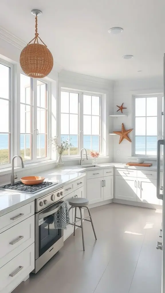 A coastal white kitchen with ocean views, featuring large windows, light cabinetry, and decorative elements like a woven pendant lamp and starfish.