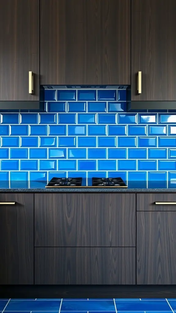 Cobalt blue ceramic backsplash with dark kitchen cabinets and a gas stove