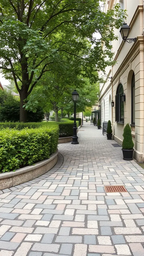 A picturesque cobbled stone walkway surrounded by greenery and elegant buildings.