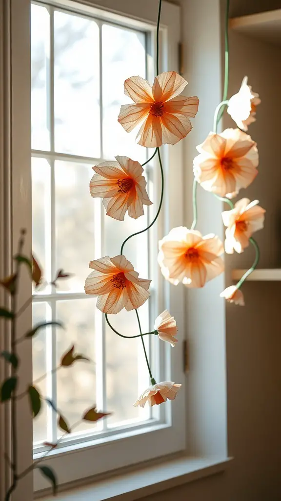 A garland of coffee filter flowers in soft peach and orange colors hanging by a window