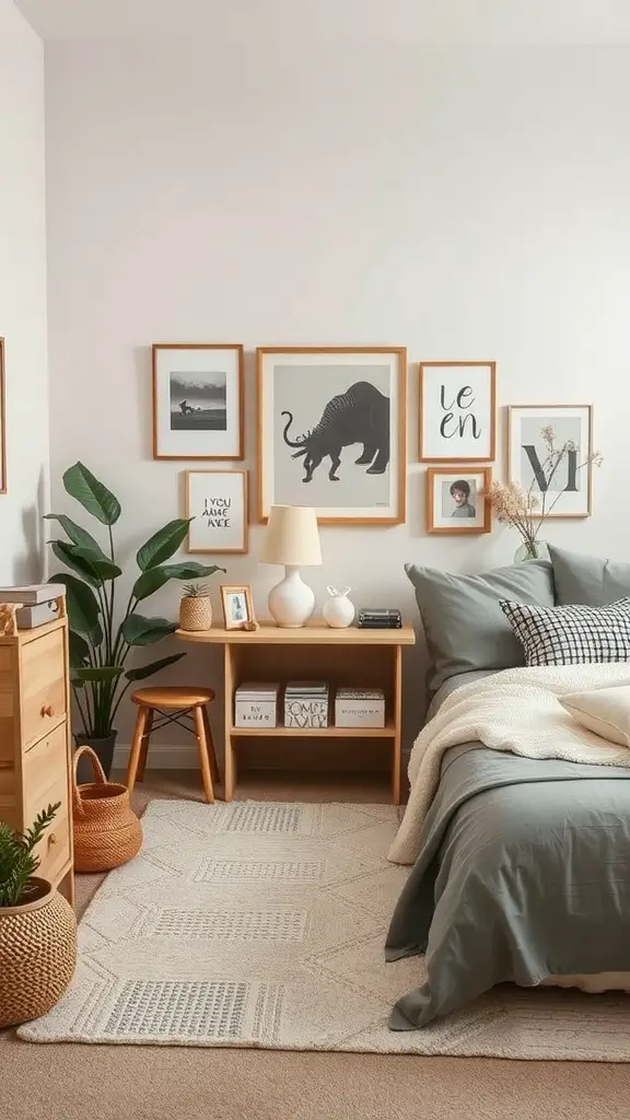 A beautifully designed mother's room featuring a soft gray bedspread, wooden furniture, a gallery wall of framed art, and plants.