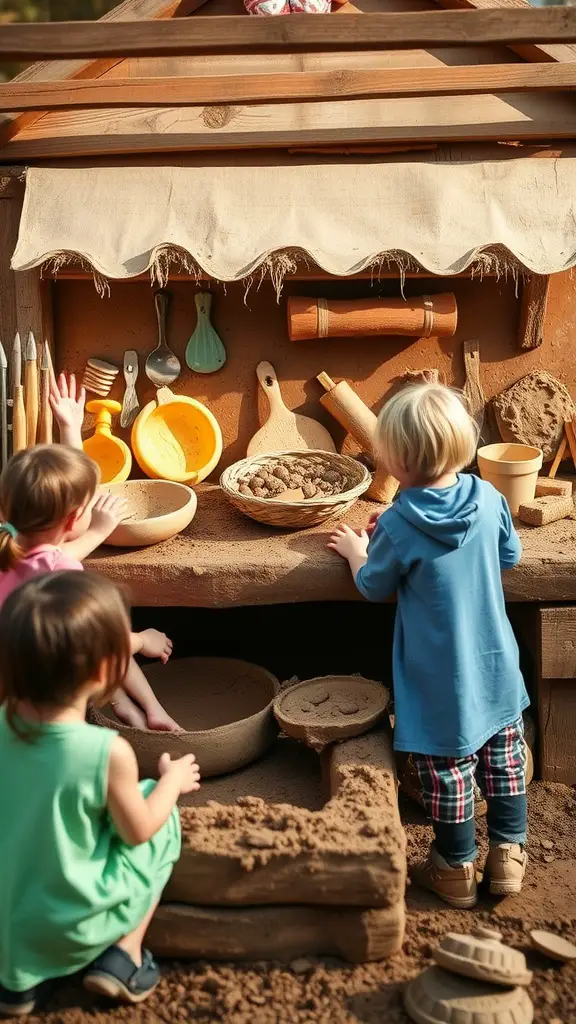 25 Creative Mud Kitchen Ideas for Kids to Inspire Imaginative Play 28 Children playing together at a mud kitchen, using various utensils and materials.
