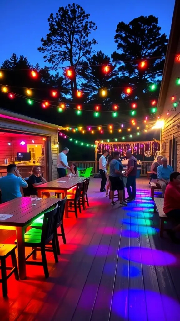 15 Creative Under Deck Lighting Ideas for Your Outdoor Space 10 Colorful string lights illuminating a deck at dusk with people socializing
