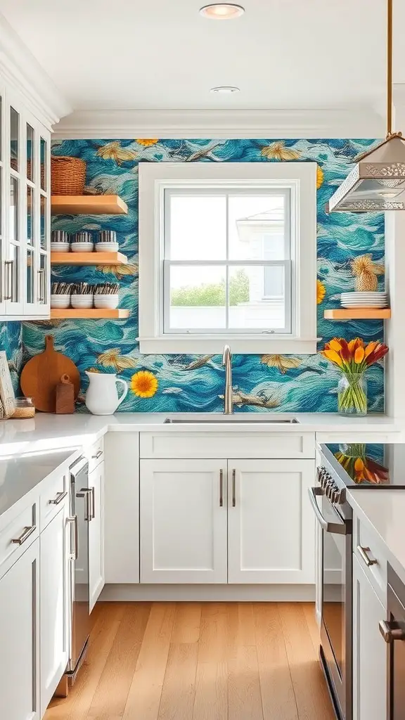 A colorful kitchen backsplash featuring blue waves and sunny flowers, with white cabinetry and open shelving.