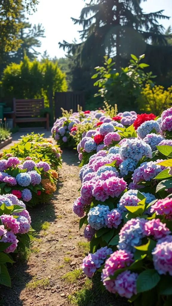15 Stunning Hydrangea Landscaping Ideas for Your Garden 10 A pathway bordered by colorful hydrangea flowers in shades of pink, blue, and purple.