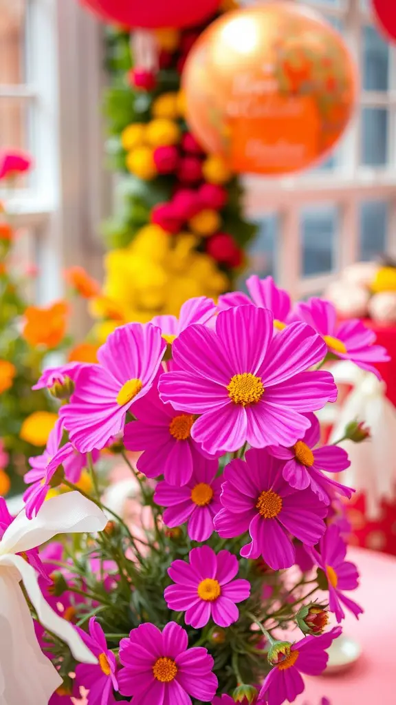 33 Stunning Summer Wedding Flower Ideas You’ll Love 11 A vibrant bouquet of pink cosmos flowers with yellow centers, set against a colorful wedding backdrop.