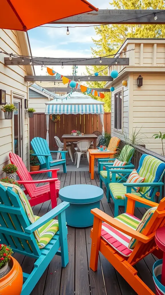 27 Inspiring Outdoor Deck Ideas You'll Love 12 Colorful outdoor deck with vibrant furniture, featuring chairs in blue, red, and orange, and decorative string lights.