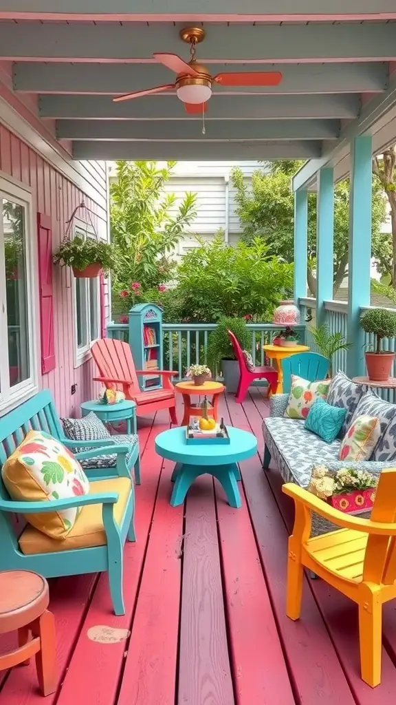 21 Unique Deck Layout Ideas You’ll Love 11 A colorful deck featuring vibrant outdoor decor with bright furniture and plants.