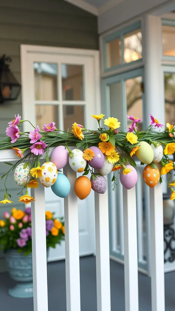 A colorful egg garland with flowers hangs on a white porch railing, with a view of a welcoming entryway.