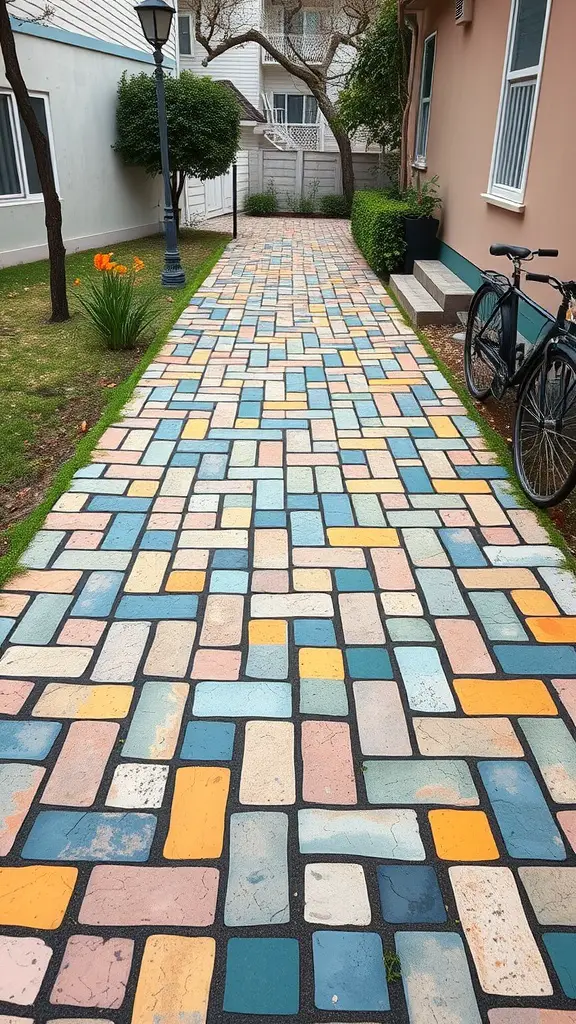 Colorful flagstone mosaic walkway with various hues and patterns, surrounded by greenery and a bike.