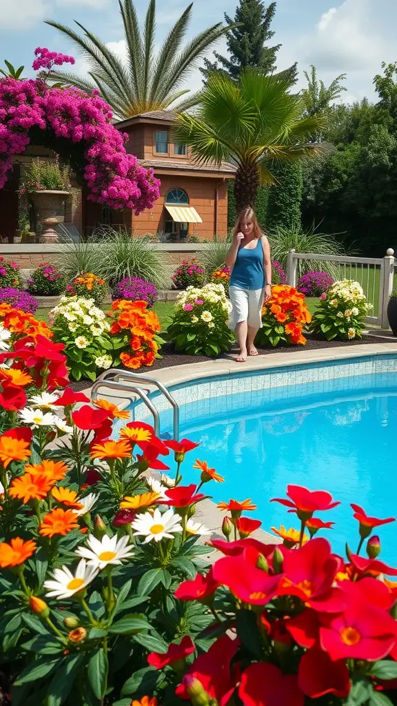 A woman walking by colorful flower beds near an above ground pool, with a house and palm trees in the background.