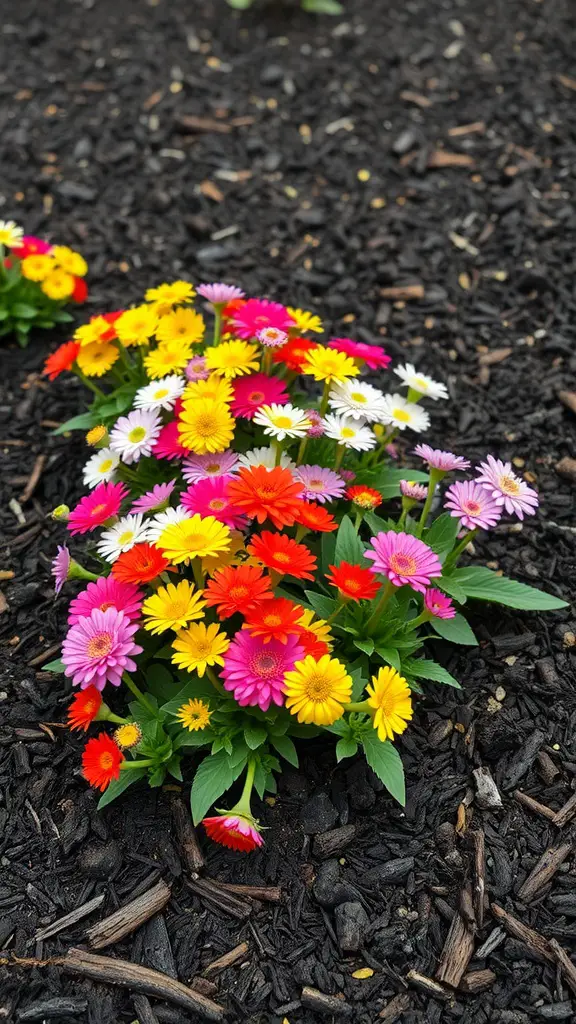 21 Creative Mulch Landscaping Ideas to Transform Your Outdoor Space 6 Colorful flower bed with yellow, pink, orange, and white flowers surrounded by dark mulch.