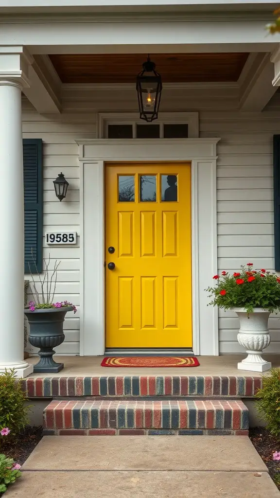 19 Stunning Front Porch Inspiration Ideas for Your Home 4 A bright yellow front door with window panels, surrounded by white columns and dark shutters, leading to a welcoming porch with flower planters and a decorative mat.
